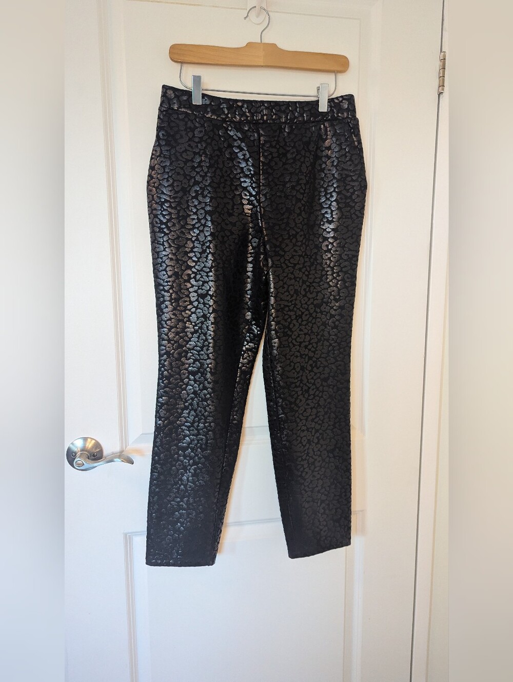 Nina Leonard Black Metallic Animal Print Stretch Pants Size Medium